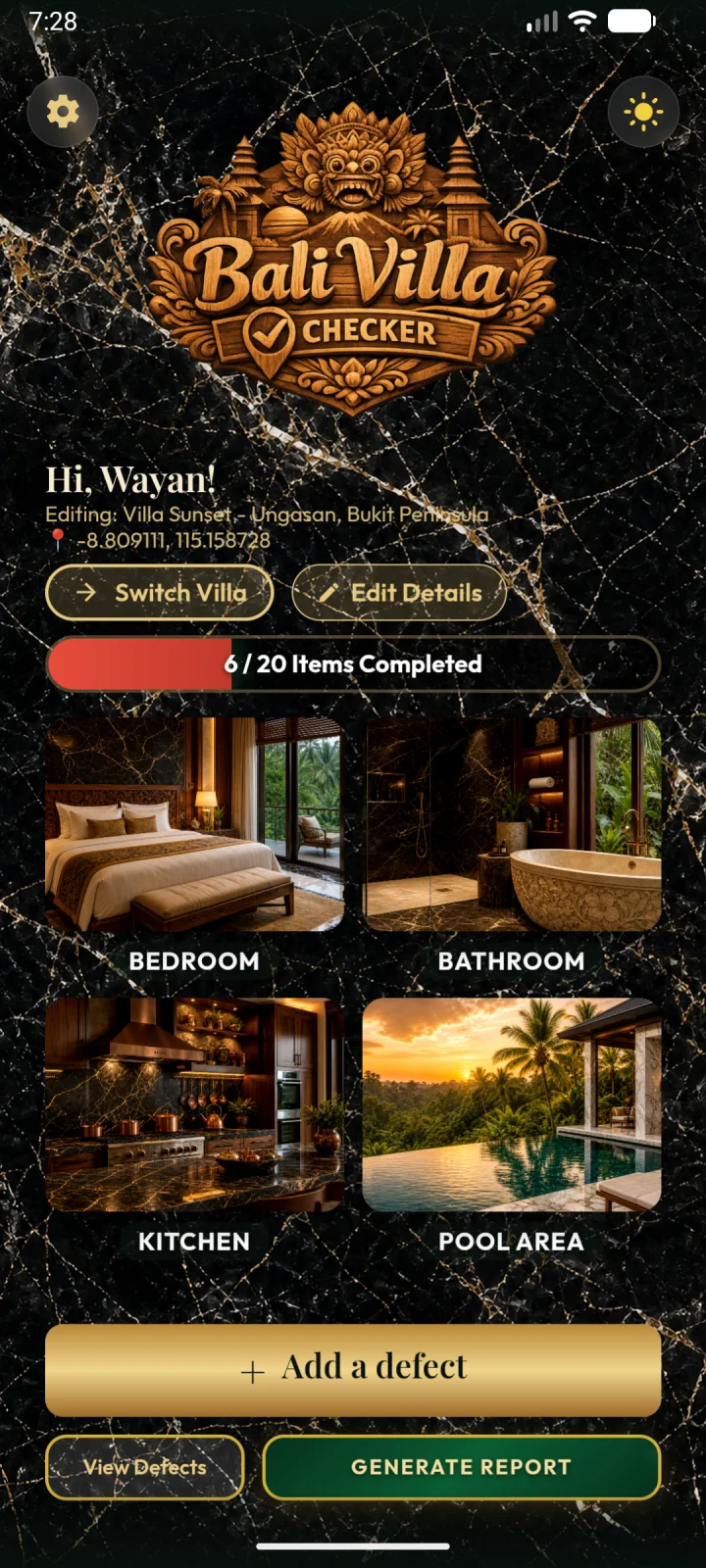 Bali Villa Checker home screen from the Android release