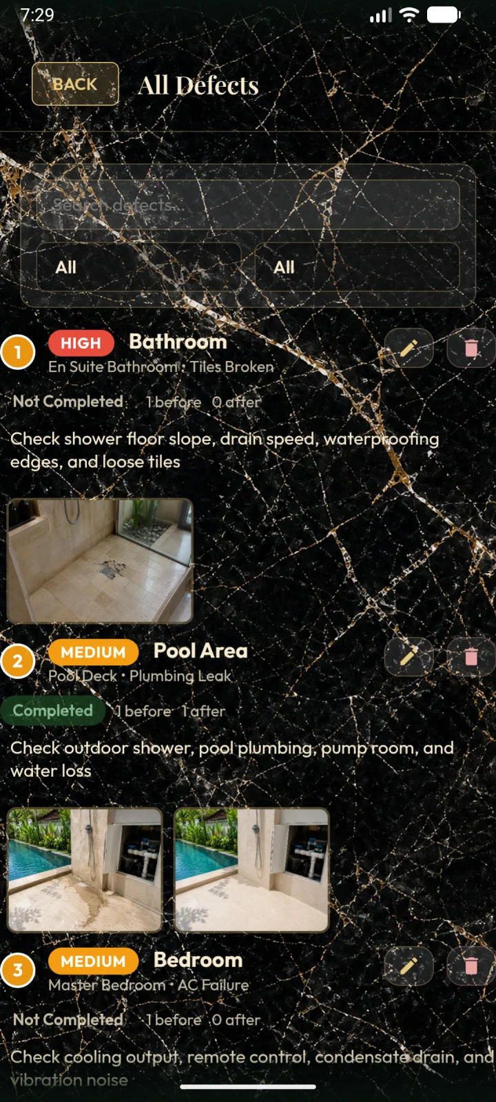 Villa defects list from the Android release
