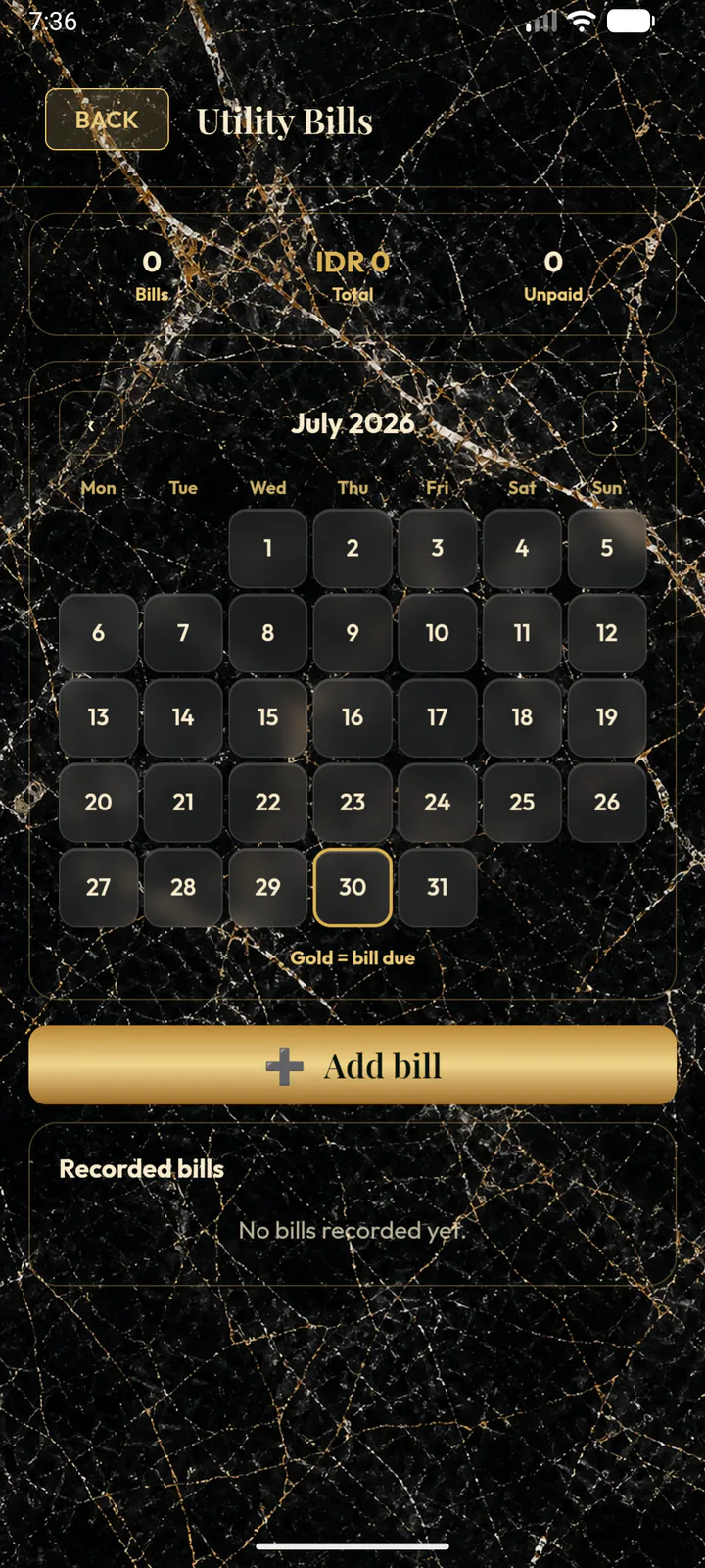 Villa bills screen from the Play Store release